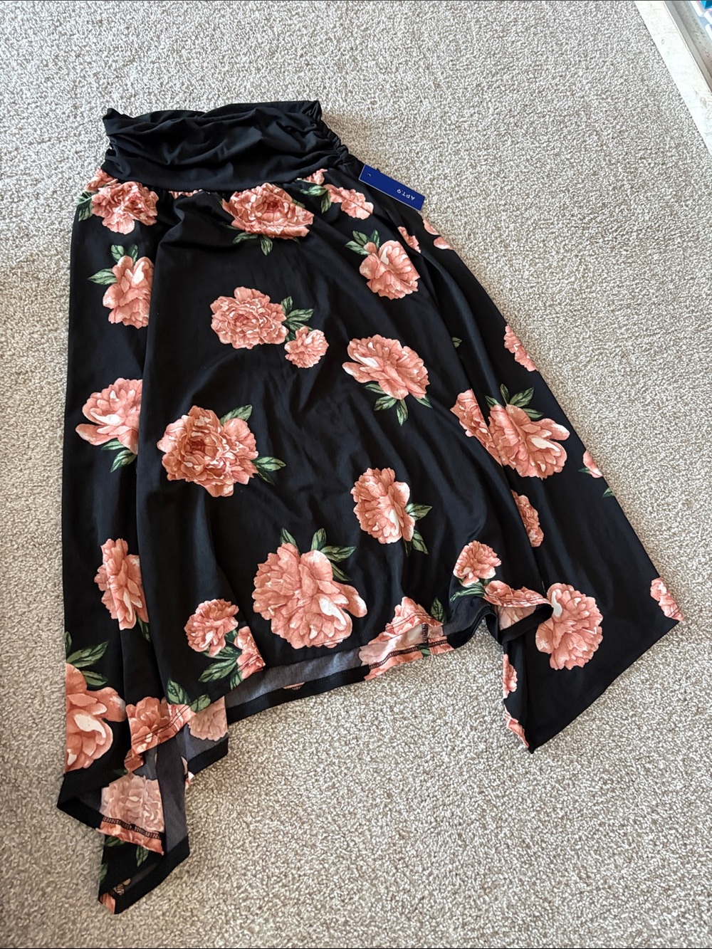 Apt. 9 Black Asymmetrical Skirt with Peach Floral Print